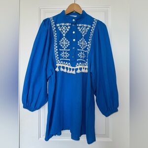 Pilise Blue Embroidered Tunic Blouse with Tassels, elastic cuffs, small medium